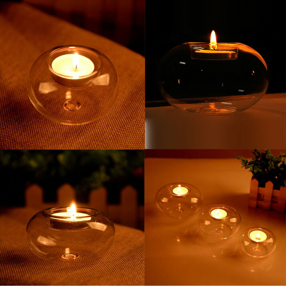 Round Hollow Glass Candle Holders Candlestick Dining Home Decor Wedding Supplies